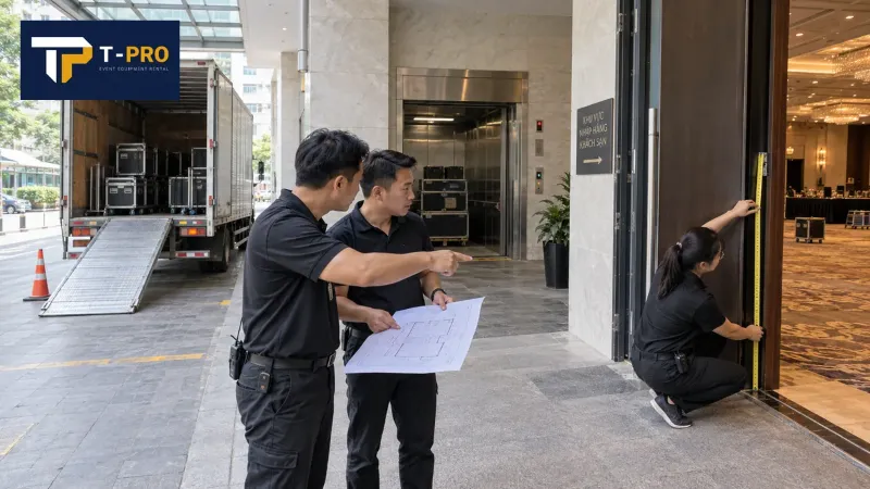 Phí vận chuyển và khảo sát thiết bị sự kiện được tính theo yếu tố nào?