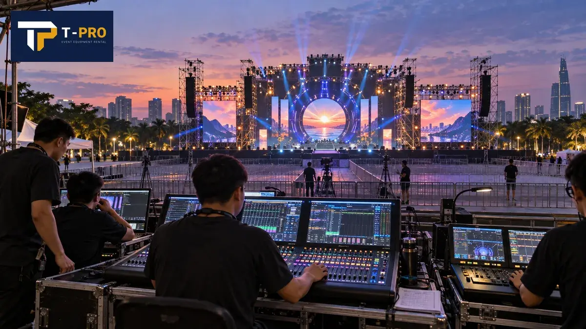 Kỹ thuật vi&ecirc;n Việt Nam chạy thử &acirc;m thanh &aacute;nh s&aacute;ng tại FOH festival ngo&agrave;i trời
