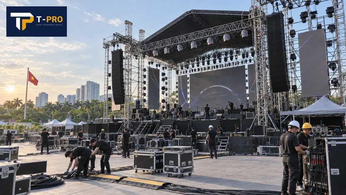 To&agrave;n cảnh đội kỹ thuật Việt Nam setup s&acirc;n khấu festival ngo&agrave;i trời quy m&ocirc; lớn