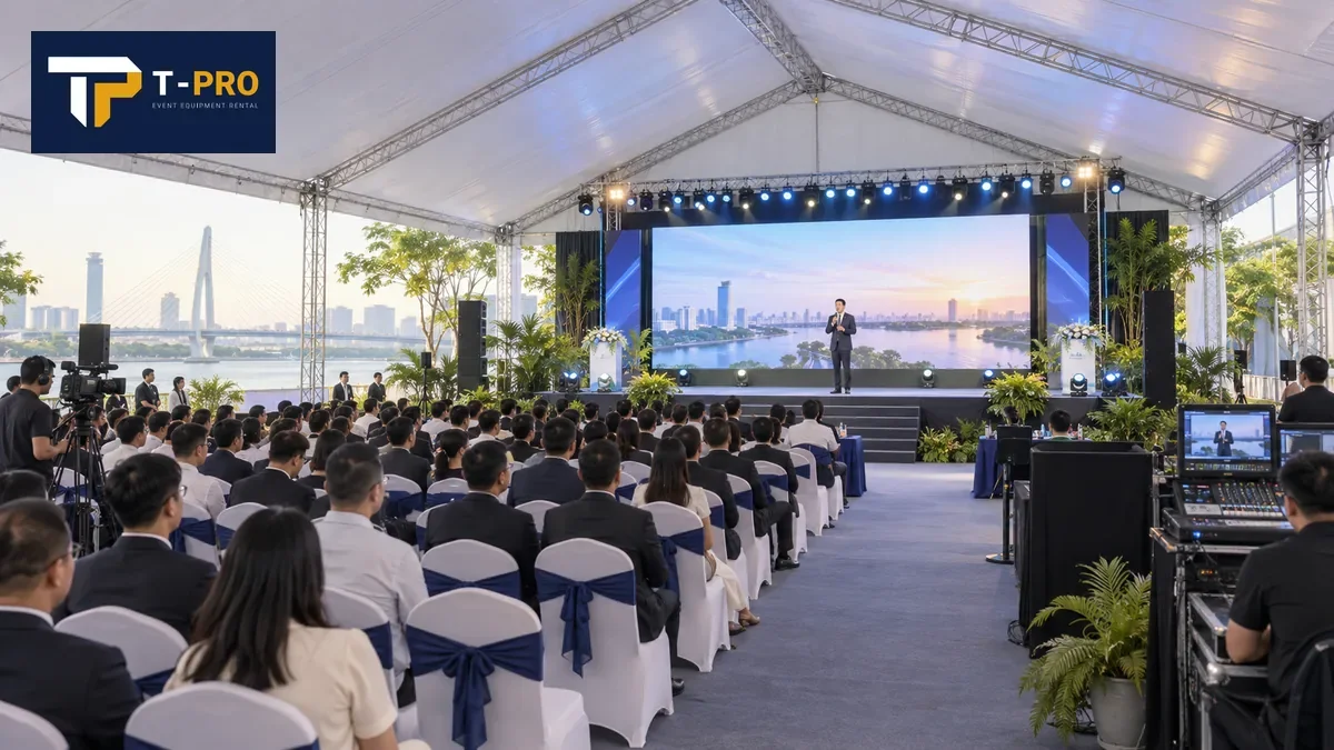 S&acirc;n khấu v&agrave; khu kh&aacute;ch ngồi dưới nh&agrave; bạt sự kiện