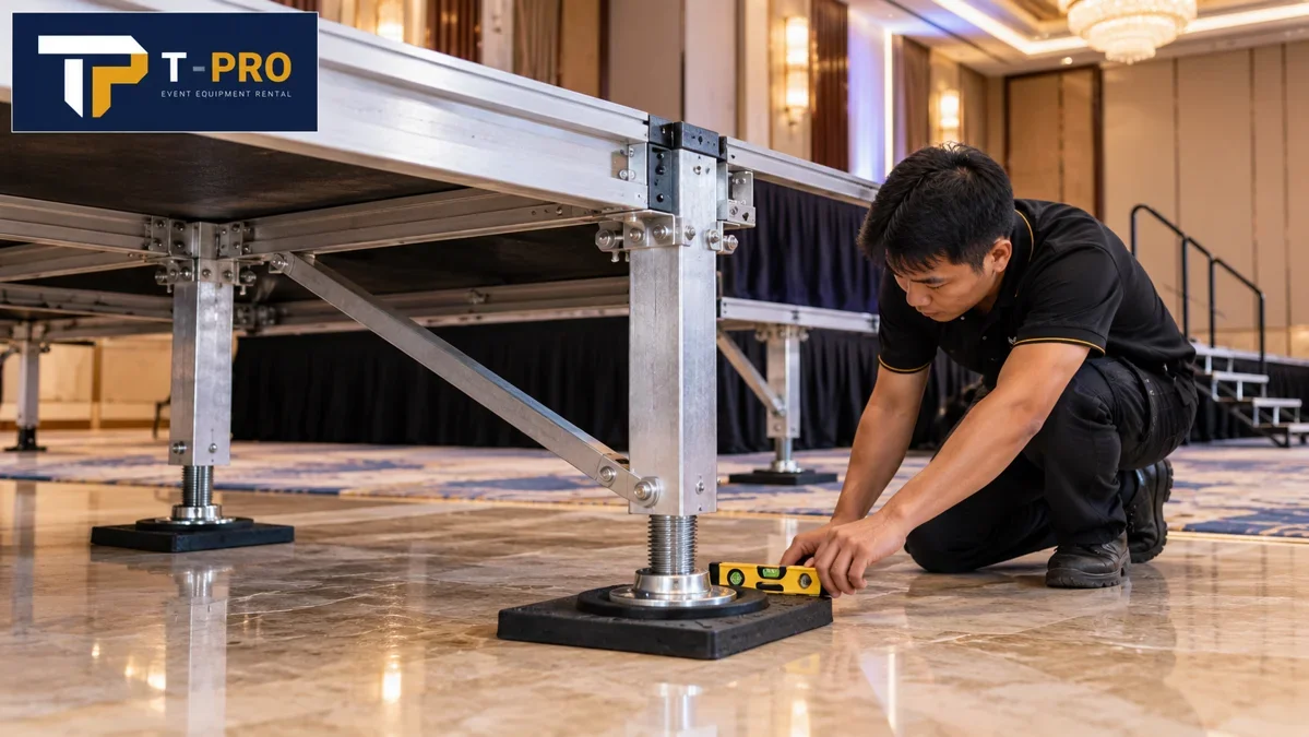 Minh họa kiểm tra chân sân khấu và lớp bảo vệ mặt nền