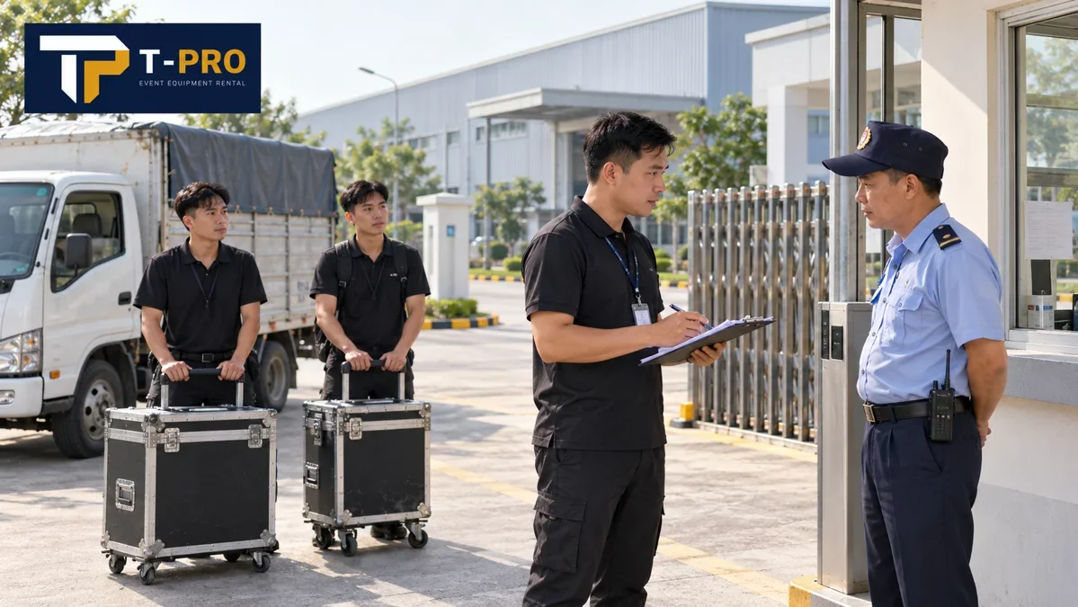 Minh họa đội vận chuyển thiết bị x&aacute;c nhận thủ tục tại cổng nh&agrave; m&aacute;y