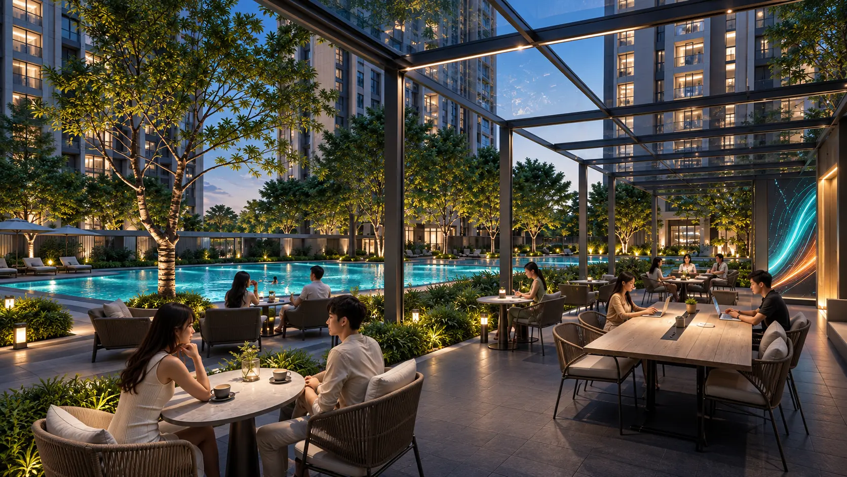 Hình ảnh phối cảnh chi tiết Café Lounge bên hồ bơi